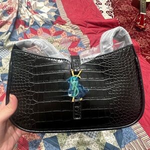 Yves Saint Laurent Black Croc-Embossed Shoulder Bag-fast shipping-buy fast